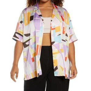 Open Edit Satin Camper Button Up Blouse Shirt Plus Size 1X Pink Abstract